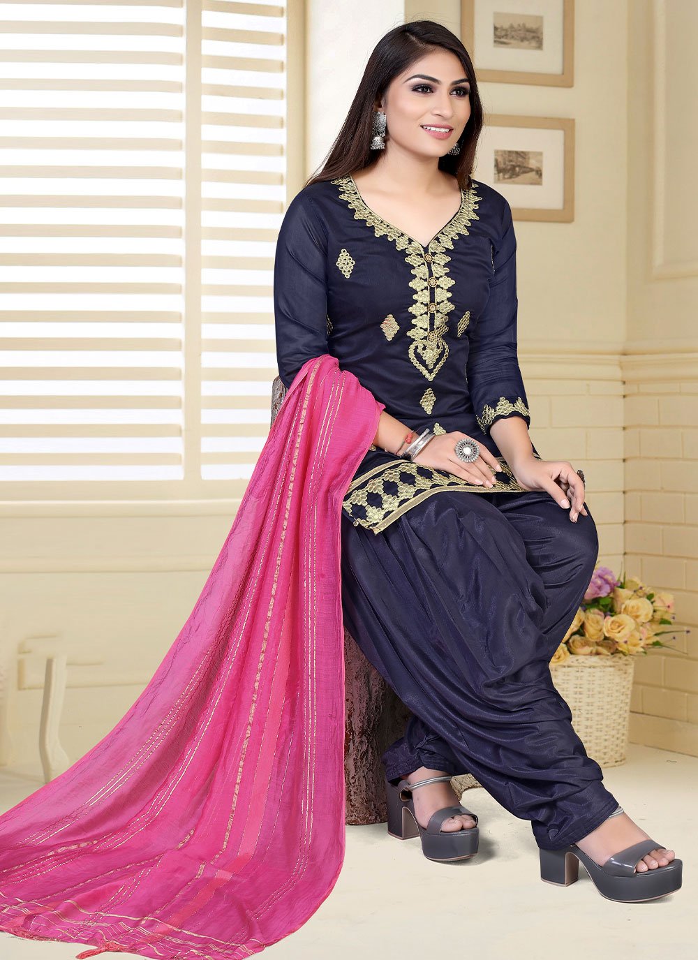 Salwar Suit Chanderi Blue Embroidered Salwar Kameez