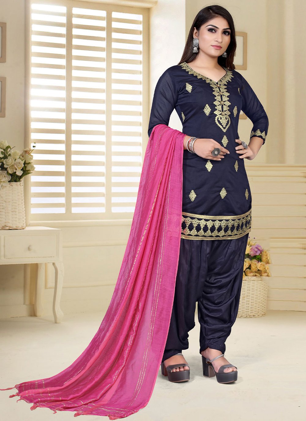 Salwar Suit Chanderi Blue Embroidered Salwar Kameez