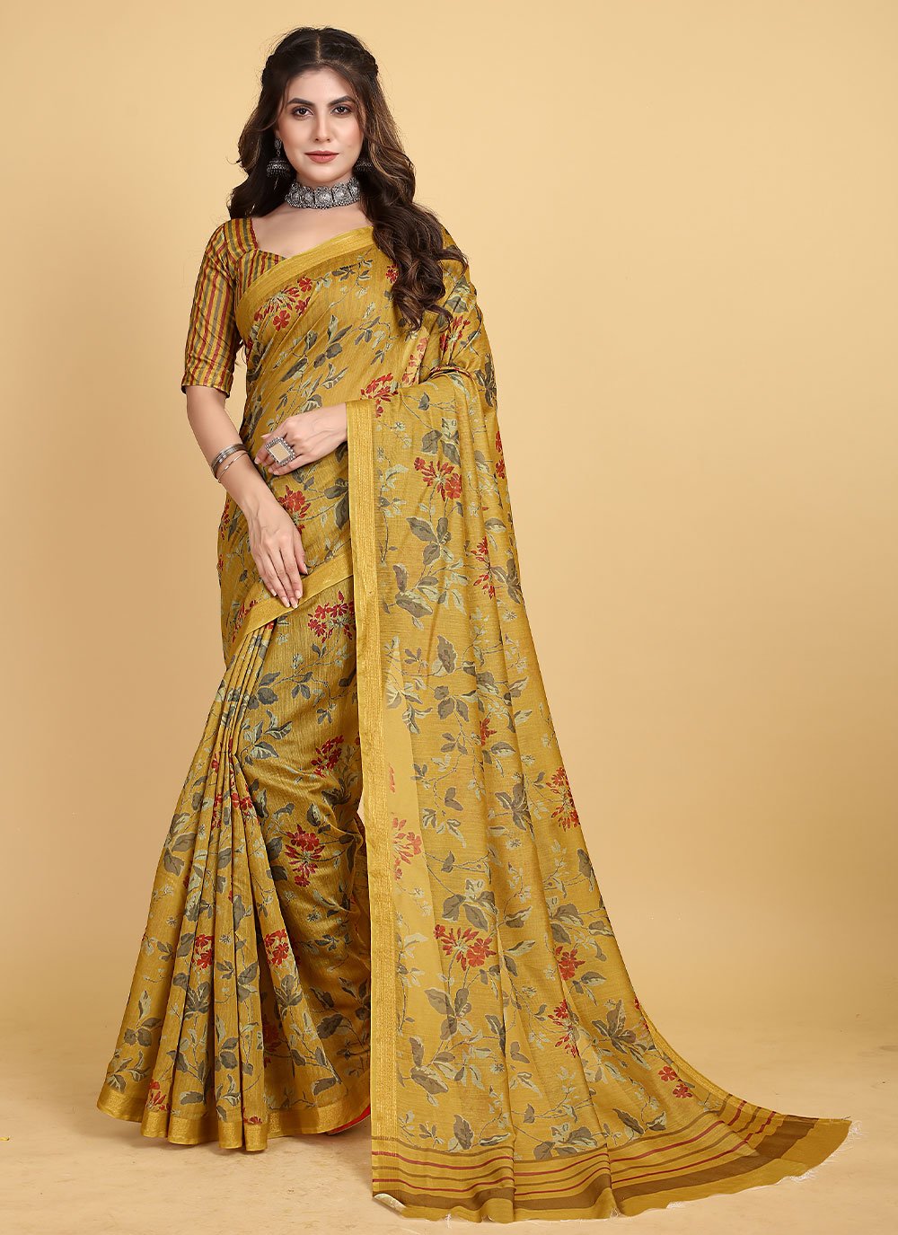 Casual Chanderi Cotton Yellow Print Saree