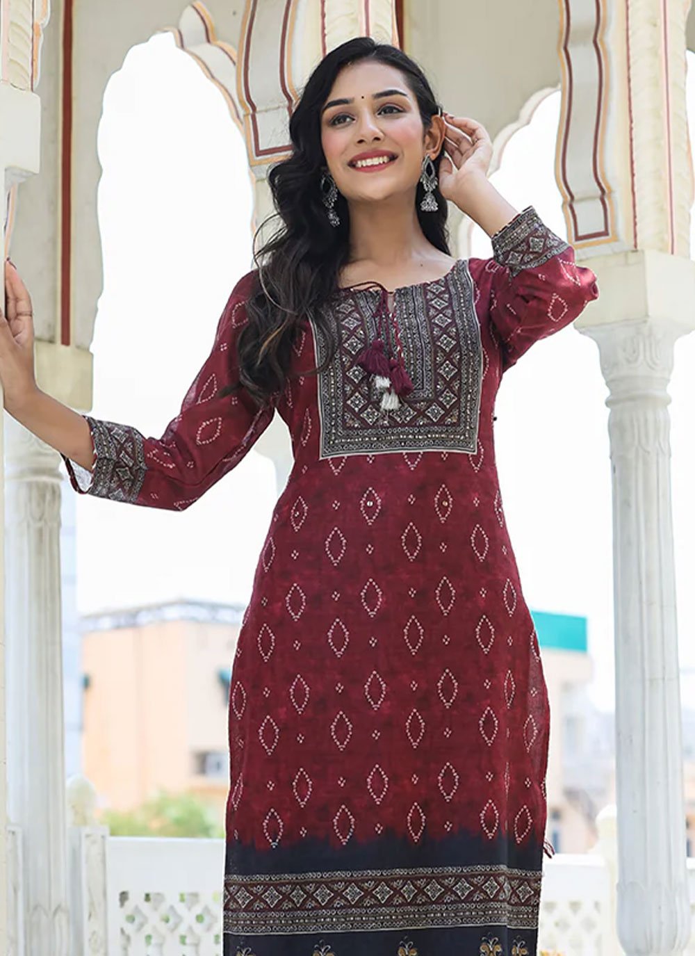 Pant Style Suit Chanderi Maroon Print Salwar Kameez