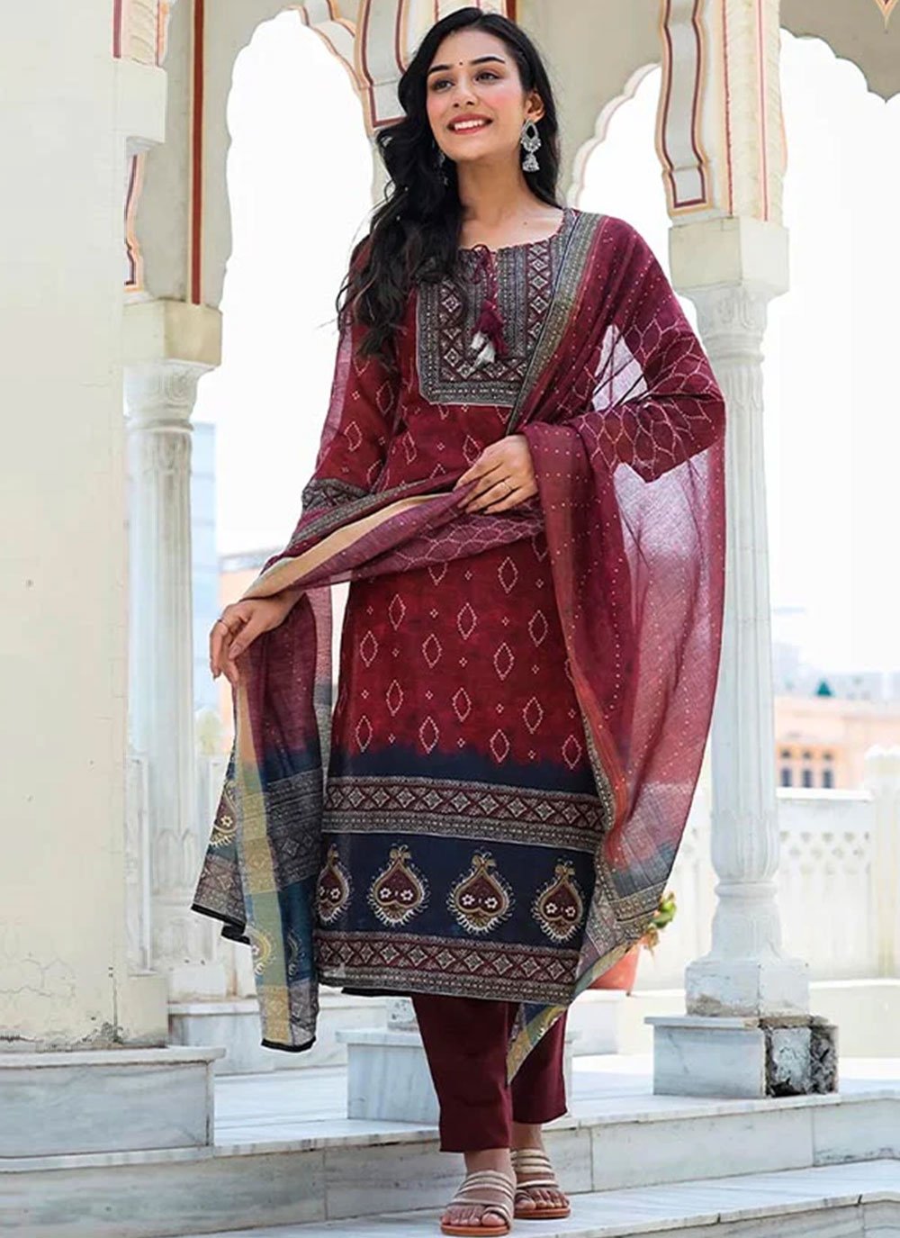 Pant Style Suit Chanderi Maroon Print Salwar Kameez