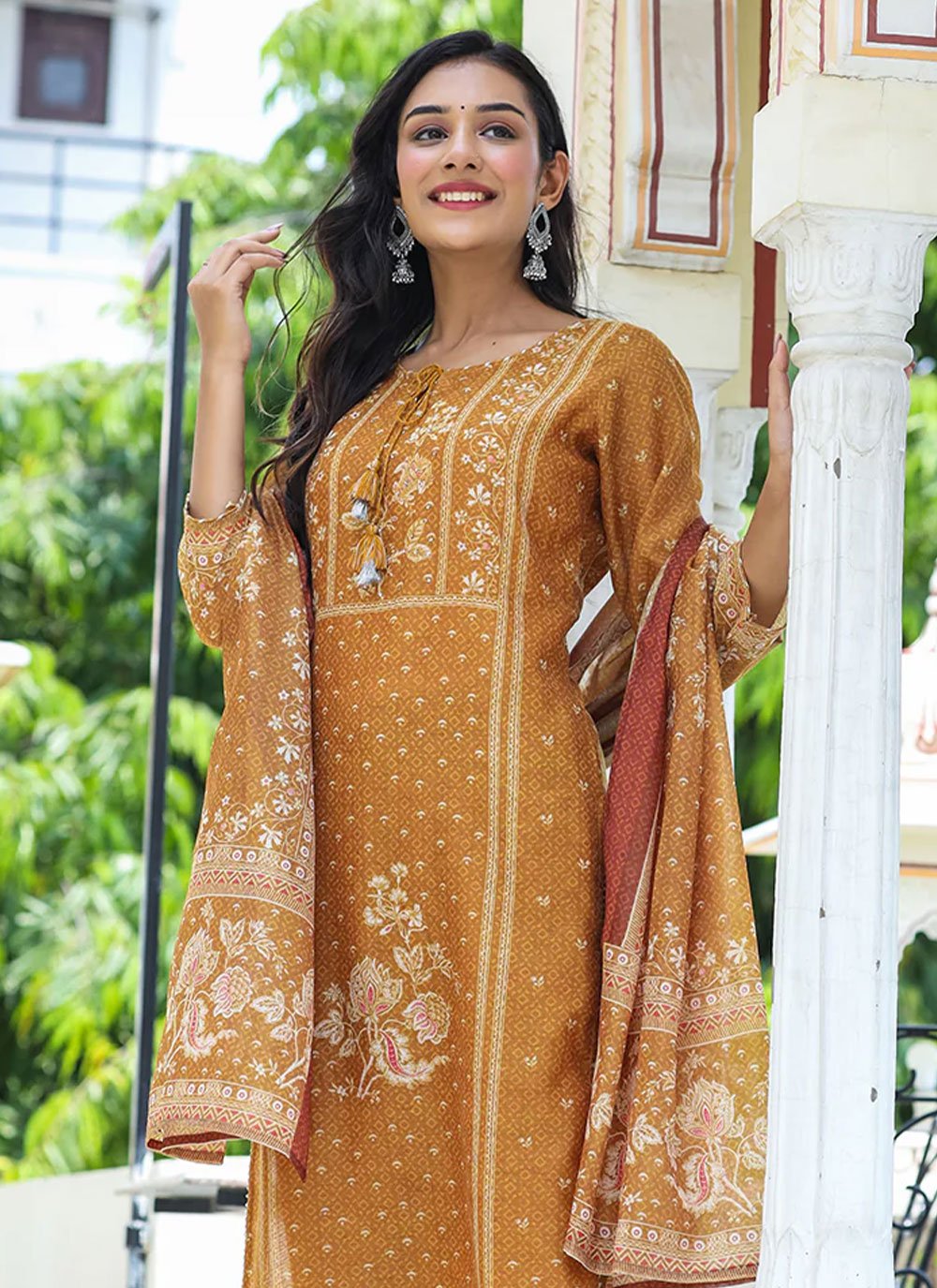 Pant Style Suit Chanderi Mustard Print Salwar Kameez