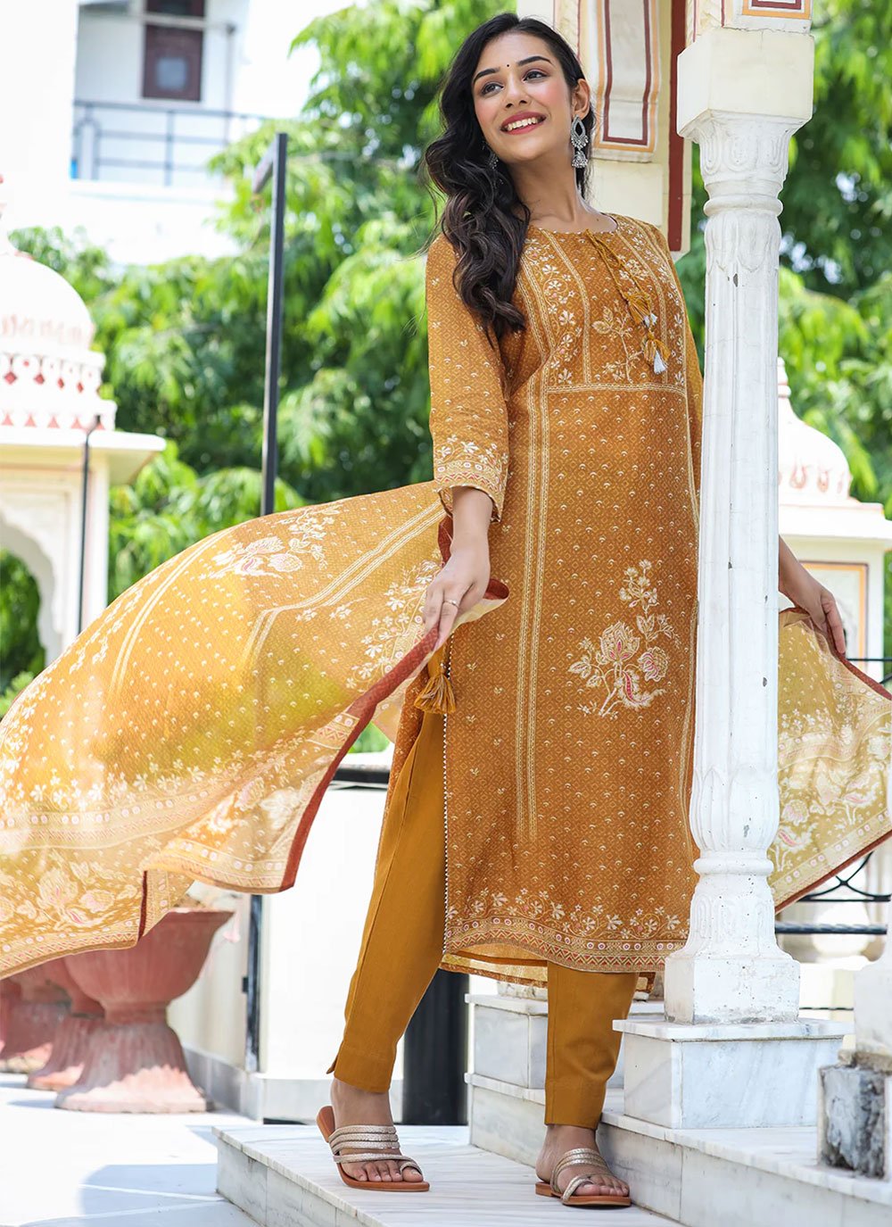 Pant Style Suit Chanderi Mustard Print Salwar Kameez