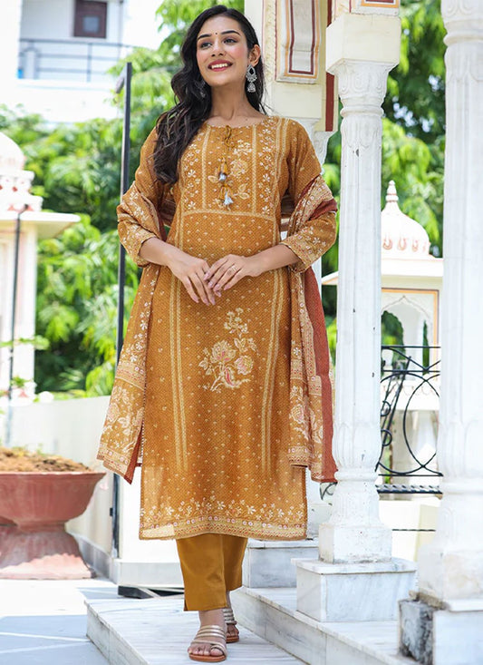 Pant Style Suit Chanderi Mustard Print Salwar Kameez