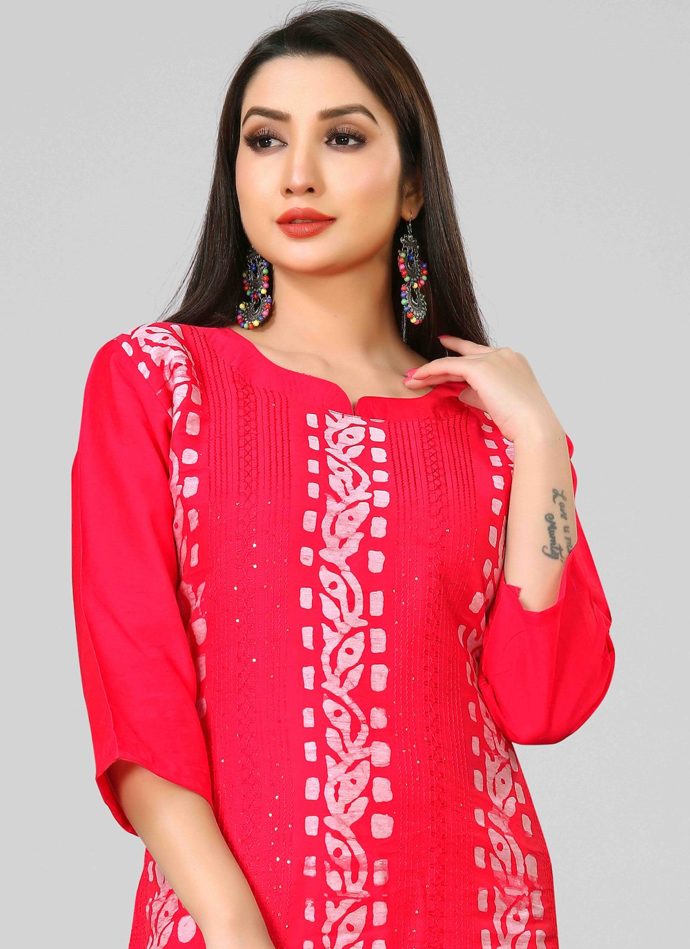 Designer Kurti Chanderi Red Embroidered Kurtis