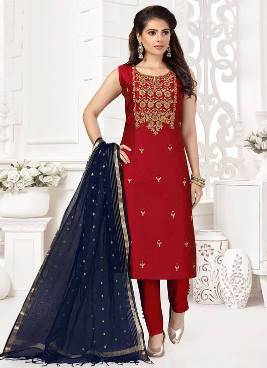 Pant Style Suit Chanderi Red Embroidered Salwar Kameez