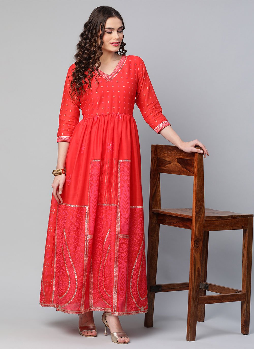 Floor Length Kurti Chanderi Red Print Kurtis