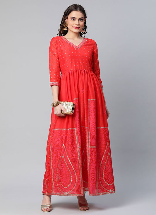 Floor Length Kurti Chanderi Red Print Kurtis