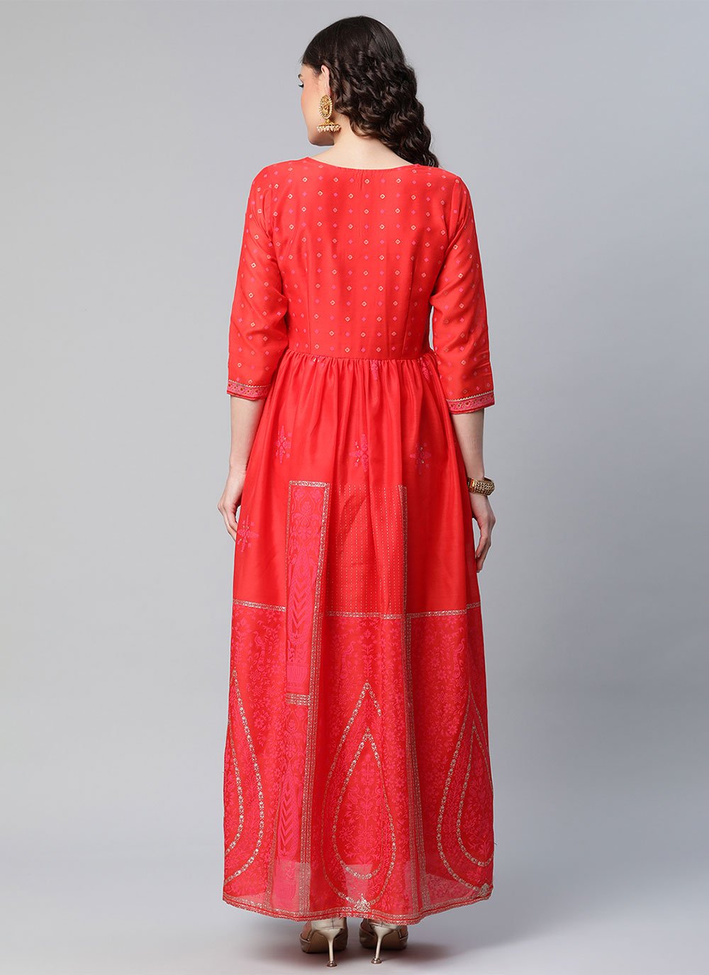 Floor Length Kurti Chanderi Red Print Kurtis