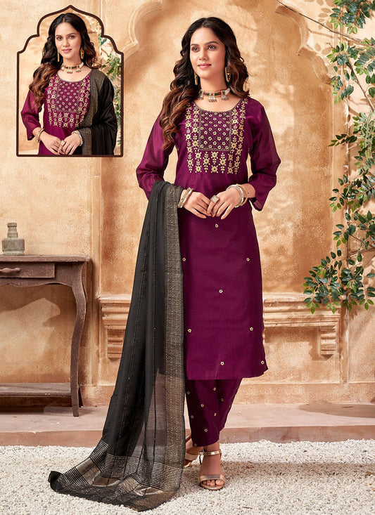 Pant Style Suit Chanderi Purple Embroidered Salwar Kameez