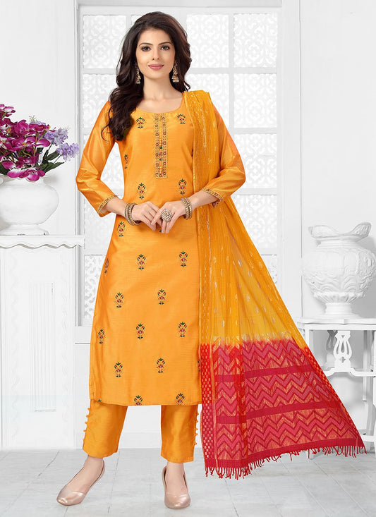 Salwar Suit Chanderi Yellow Embroidered Salwar Kameez