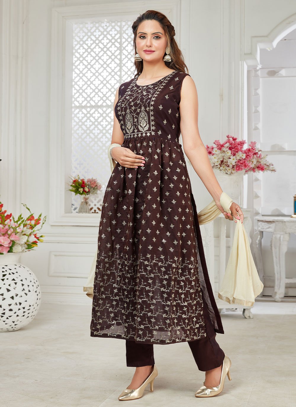 Salwar Suit Chanderi Silk Brown Resham Salwar Kameez