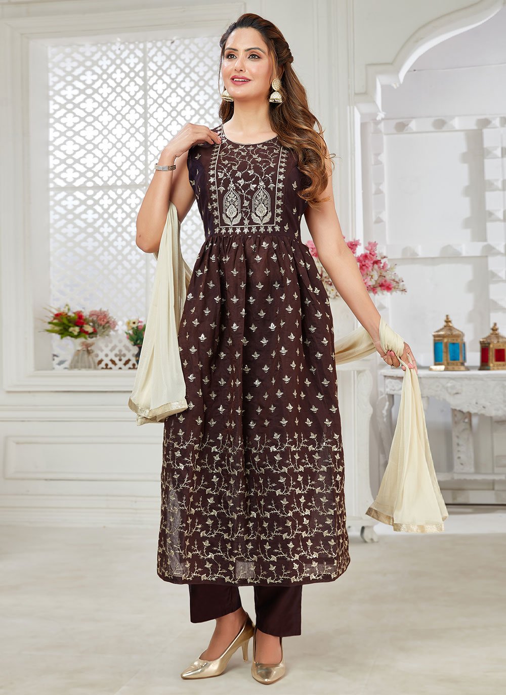 Salwar Suit Chanderi Silk Brown Resham Salwar Kameez