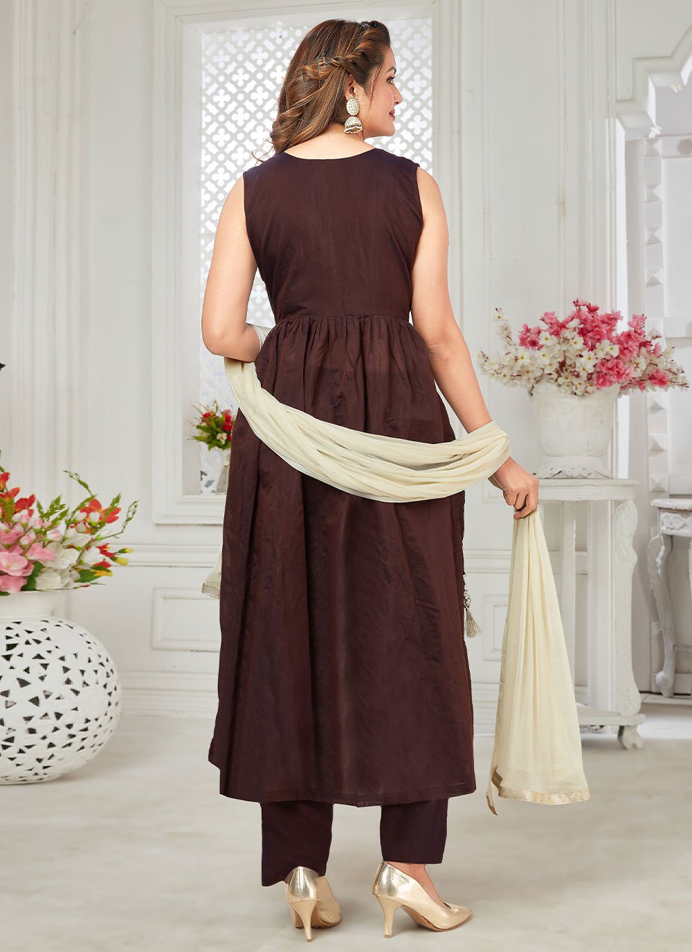 Salwar Suit Chanderi Silk Brown Resham Salwar Kameez