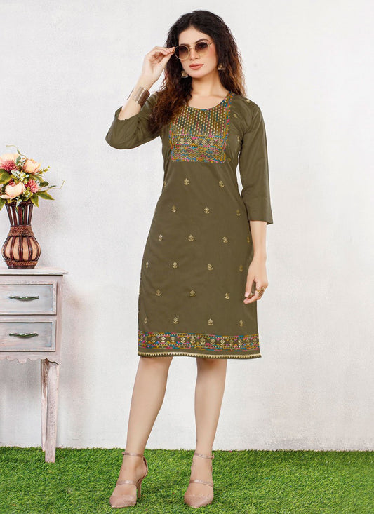 Designer Kurti Chanderi Silk Green Embroidered Kurtis