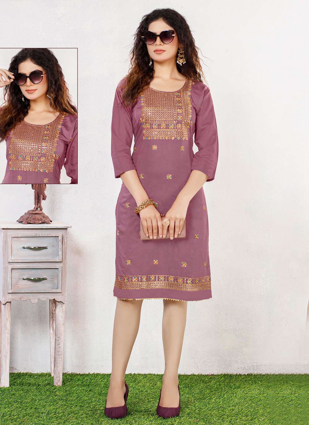 Casual Kurti Chanderi Silk Pink Embroidered Kurtis