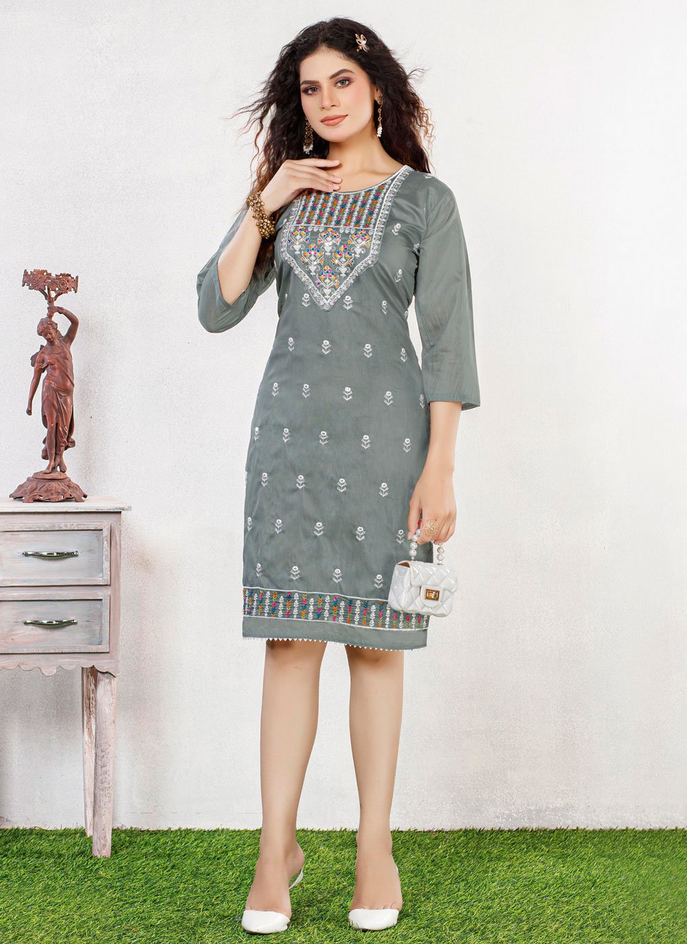 Casual Kurti Chanderi Silk Grey Embroidered Kurtis