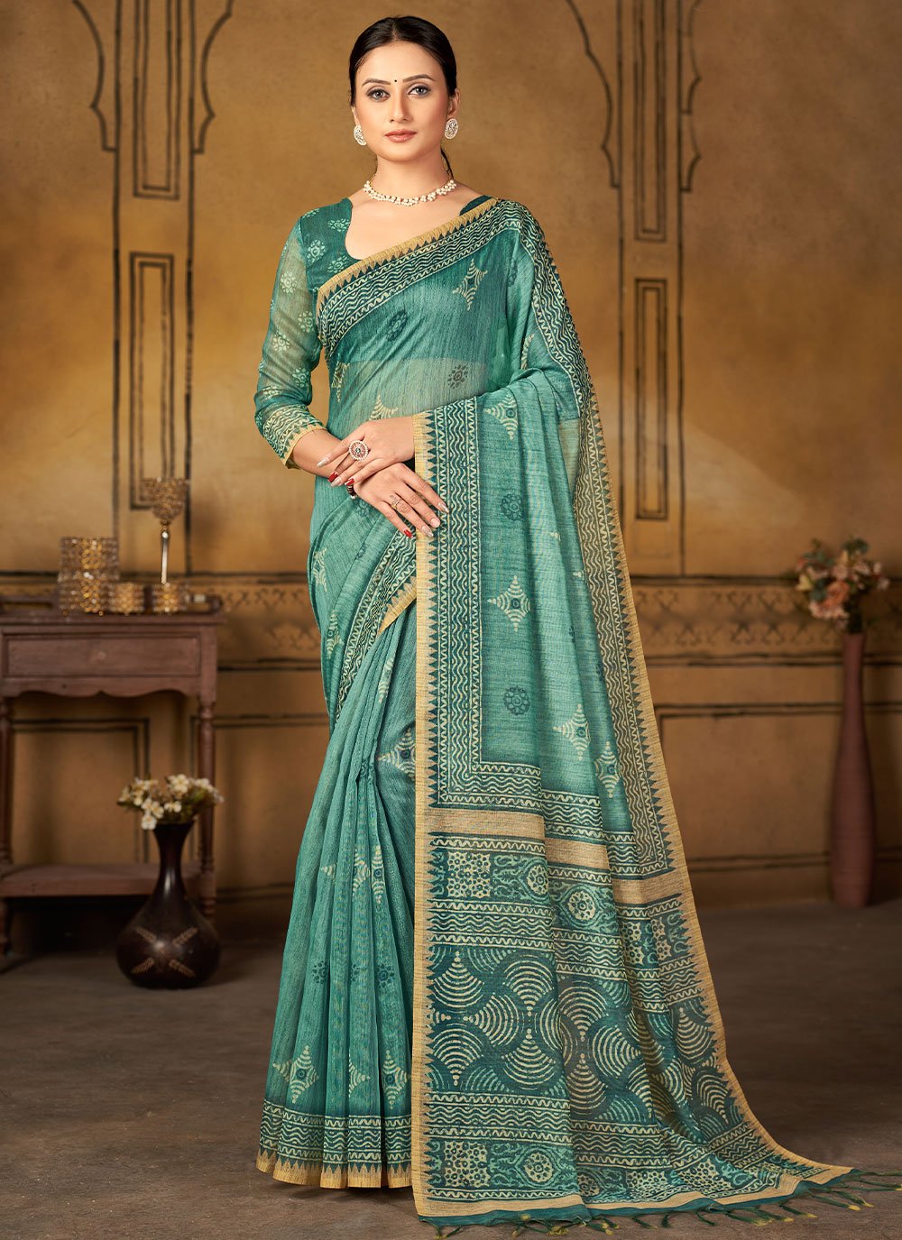 Classic Chanderi Silk Sea Green Digital Print Saree