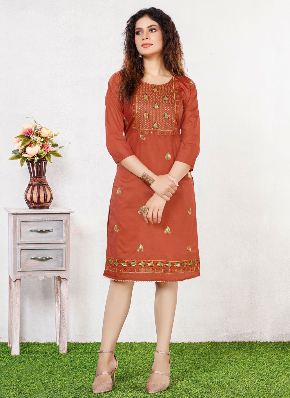 Designer Kurti Chanderi Silk Rust Embroidered Kurtis