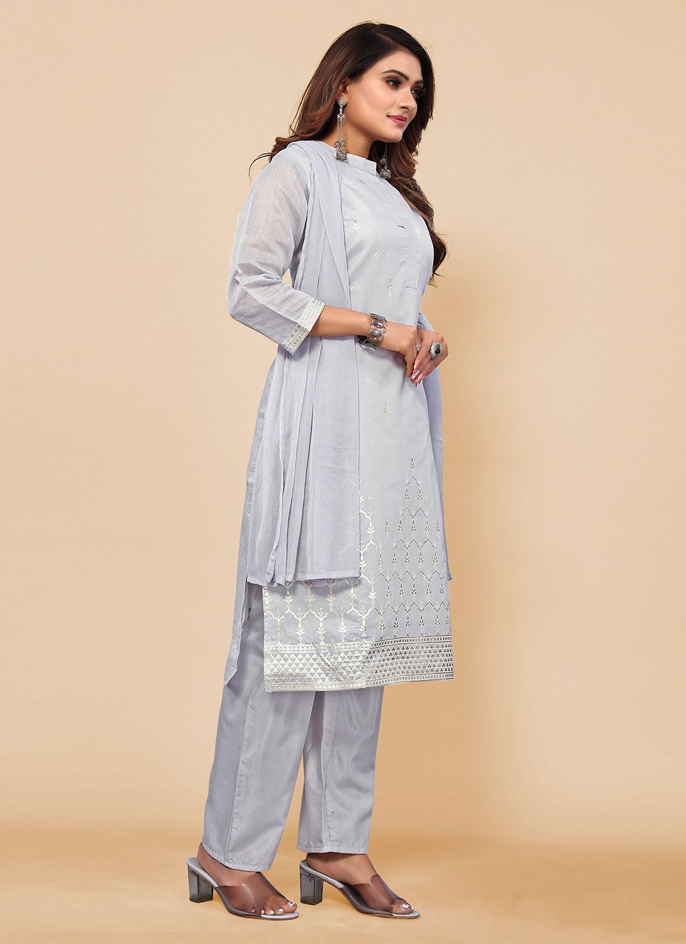 Salwar Suit Chanderi Silk Grey Embroidered Salwar Kameez