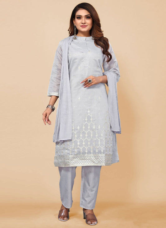 Salwar Suit Chanderi Silk Grey Embroidered Salwar Kameez