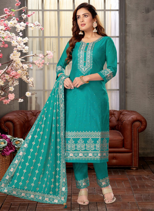 Pant Style Suit Chanderi Silk Sea Green Embroidered Salwar Kameez