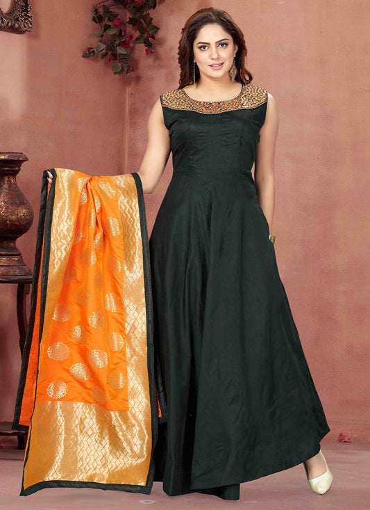 Salwar Suit Chanderi Silk Green Hand Work Salwar Kameez