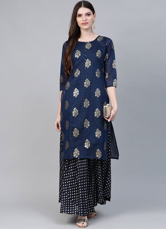 Designer Kurti Chanderi Silk Blue Foil Print Kurtis