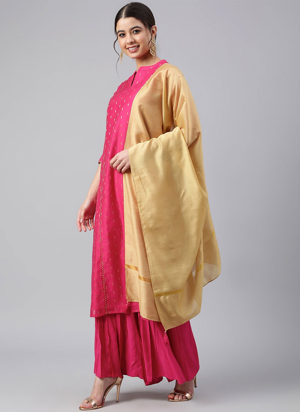 Readymade Style Chanderi Silk Fuchsia Woven Salwar Kameez