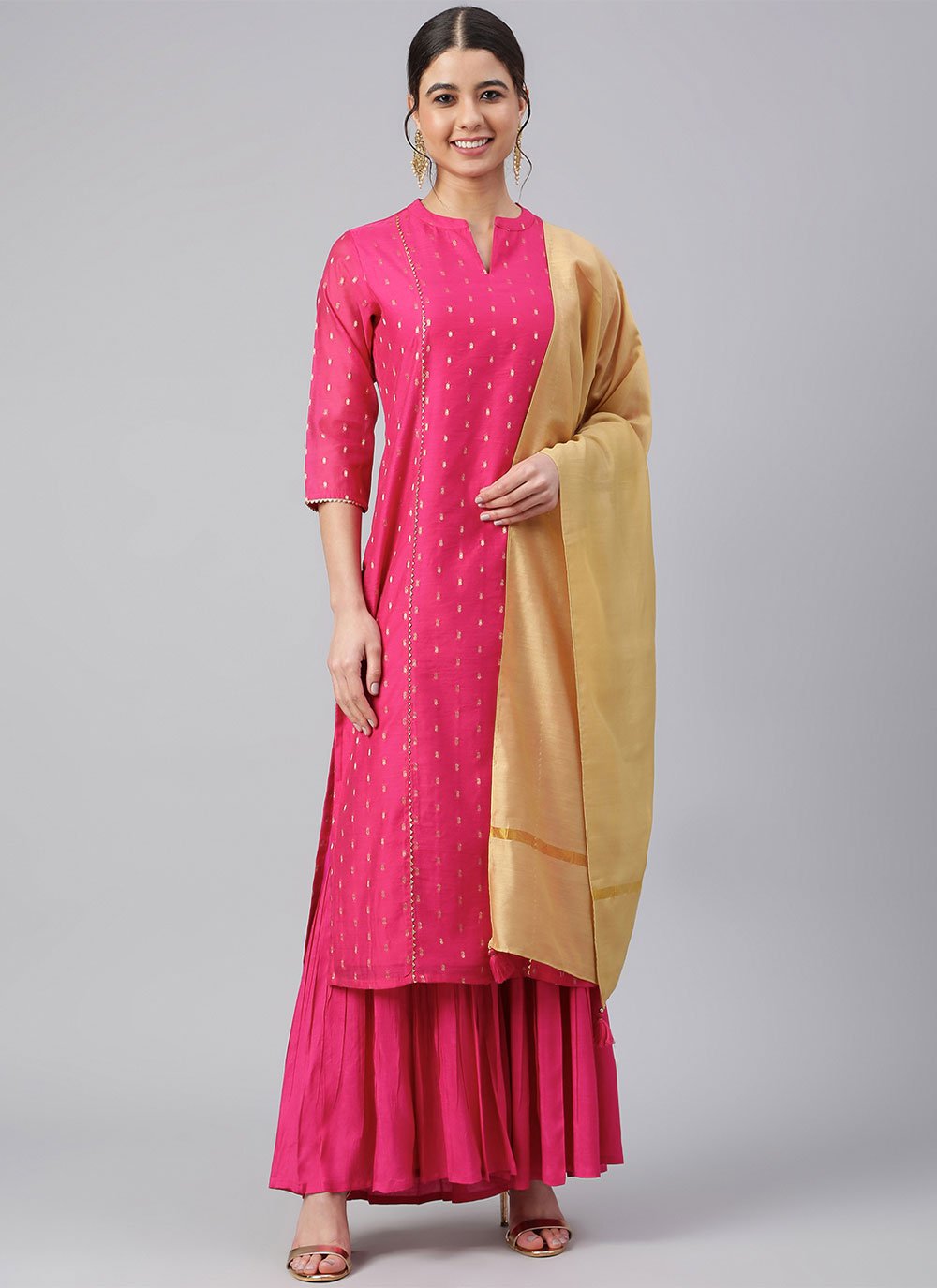 Readymade Style Chanderi Silk Fuchsia Woven Salwar Kameez