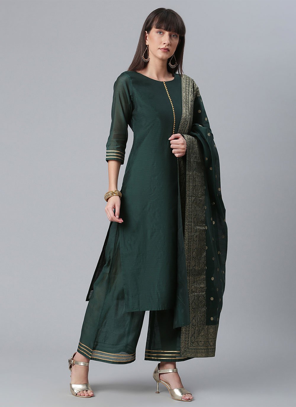Salwar Suit Chanderi Silk Green Plain Salwar Kameez