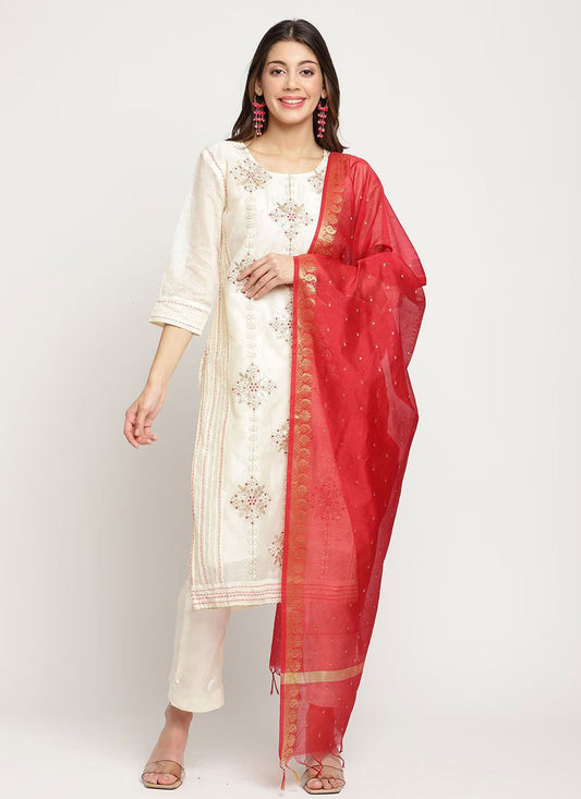 Pant Style Suit Chanderi Silk Off White Embroidered Salwar Kameez