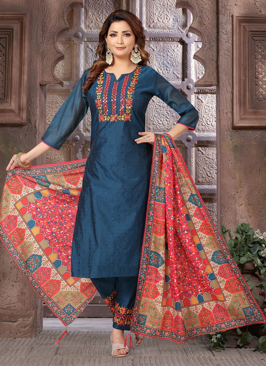 Pant Style Suit Chanderi Silk Blue Embroidered Salwar Kameez