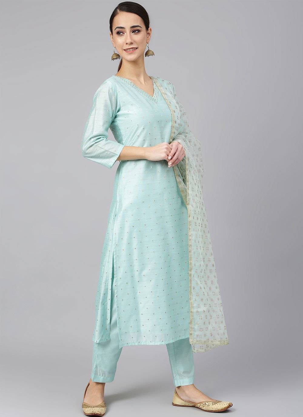 Salwar Suit Chanderi Silk Aqua Blue Plain Salwar Kameez