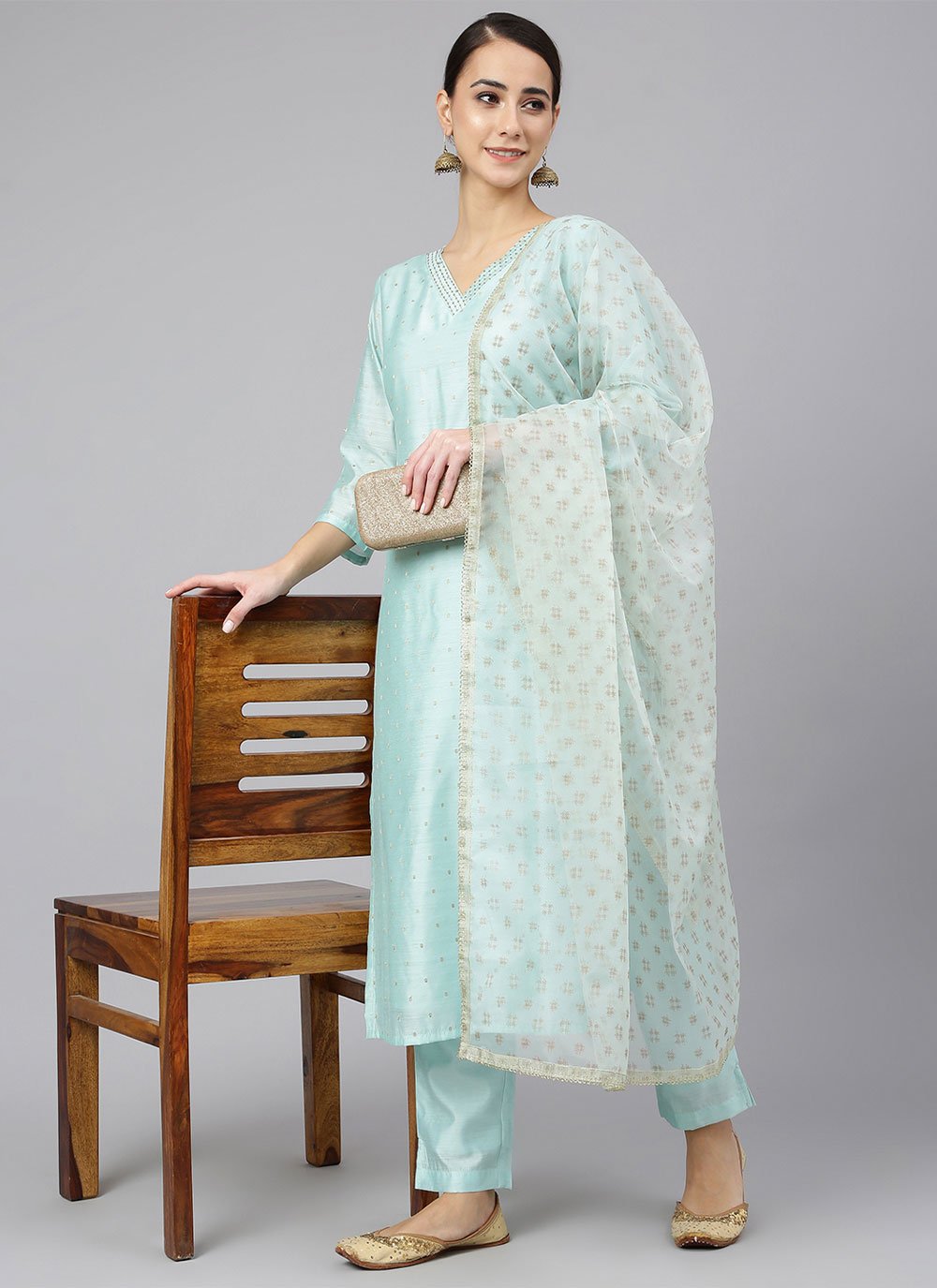 Salwar Suit Chanderi Silk Aqua Blue Plain Salwar Kameez