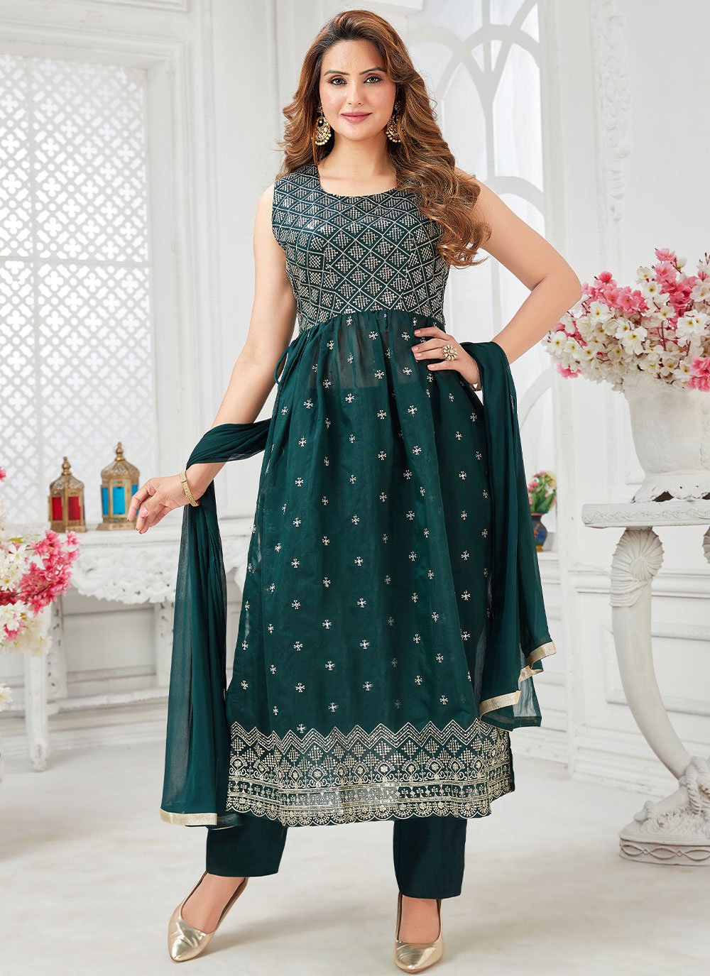 Salwar Suit Chanderi Silk Teal Resham Salwar Kameez