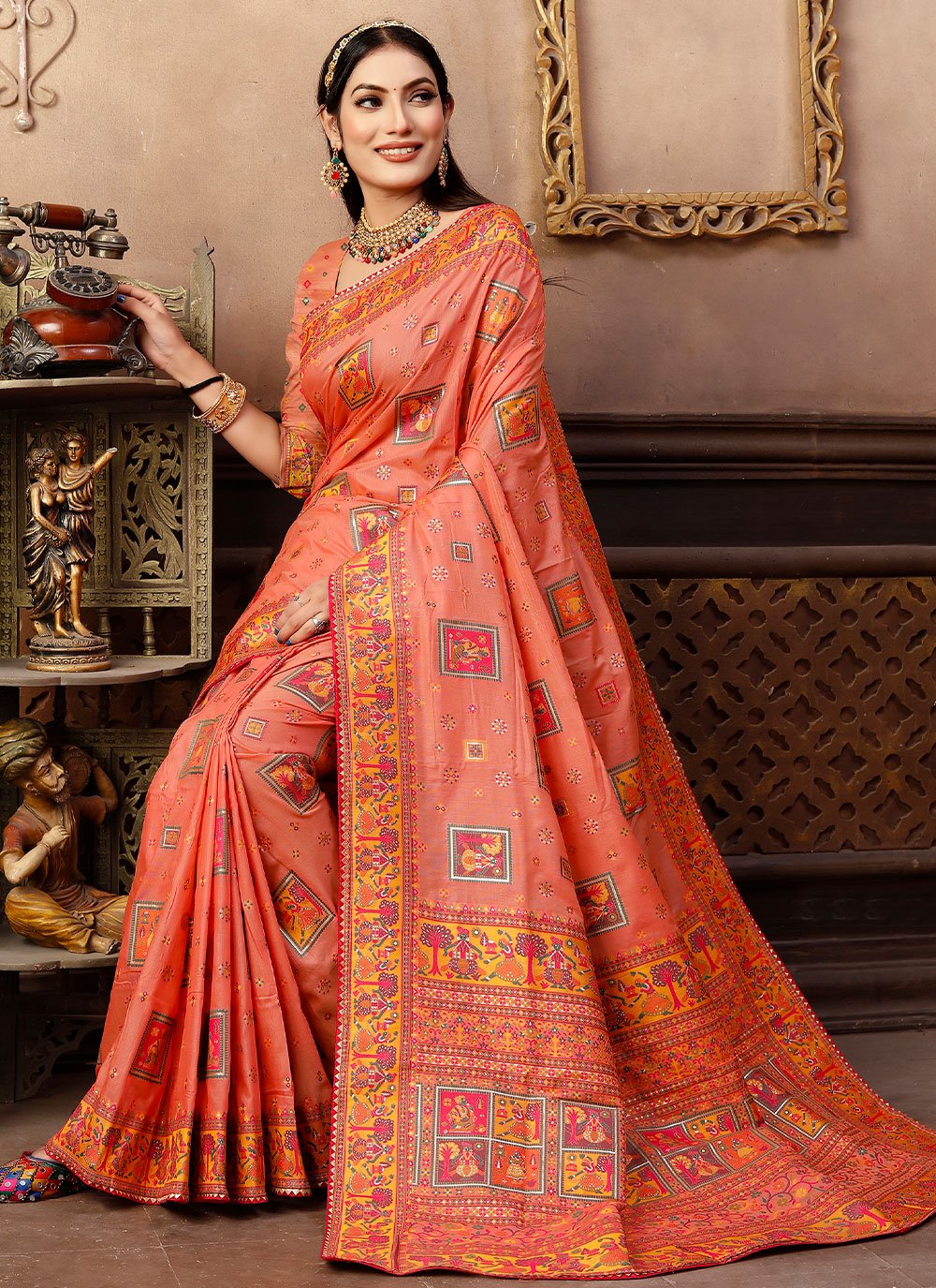 Trendy Saree Chanderi Silk Peach Gota Work Saree