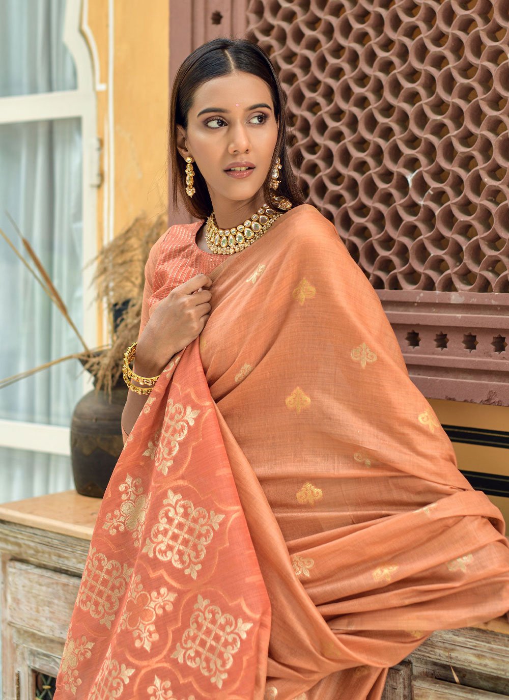 Contemporary Chanderi Silk Peach Weaving Saree