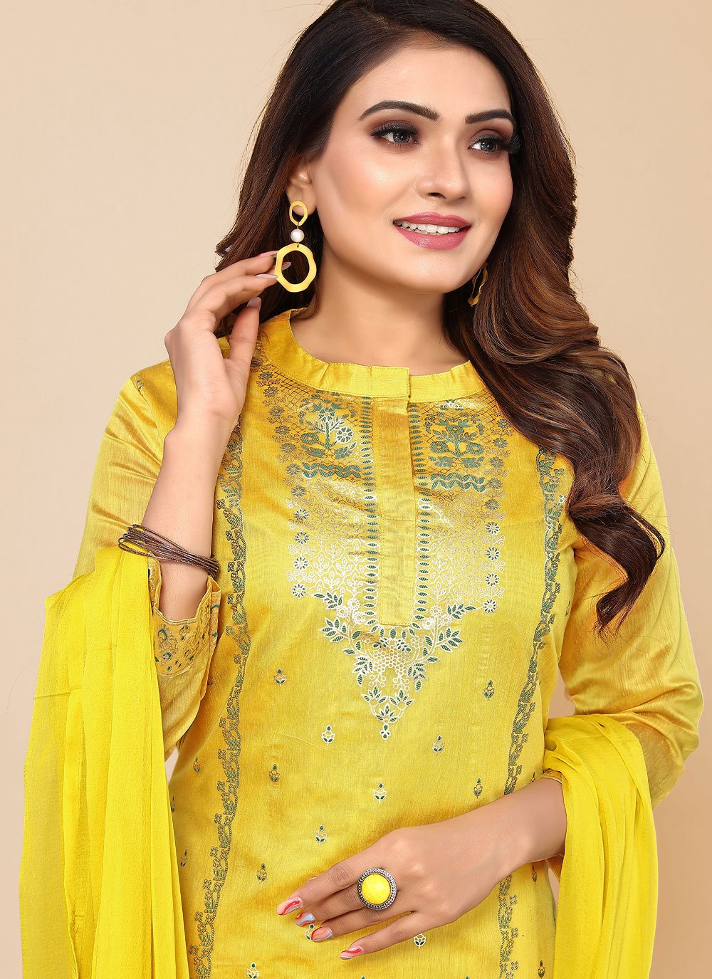 Salwar Suit Chanderi Silk Yellow Embroidered Salwar Kameez
