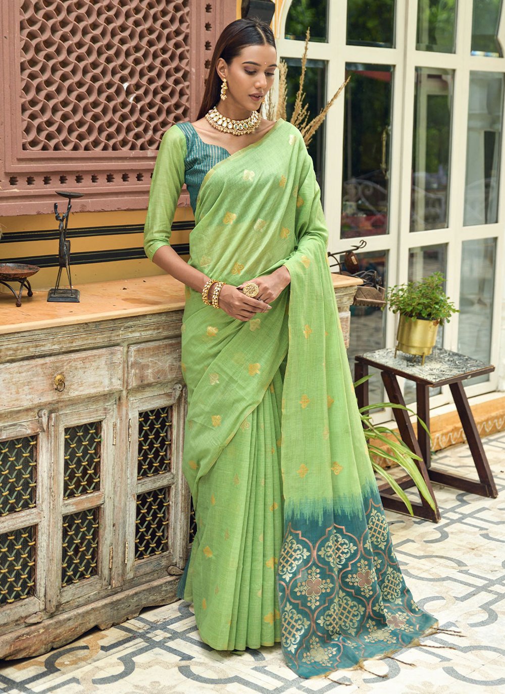 Classic Chanderi Silk Green Weaving Saree