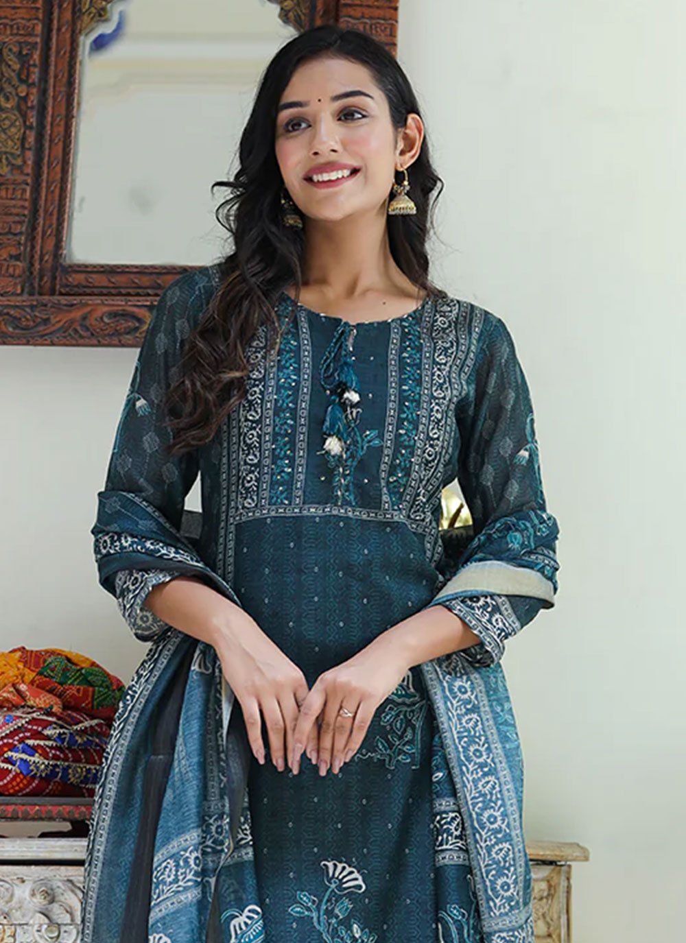 Straight Salwar Suit Chanderi Teal Print Salwar Kameez