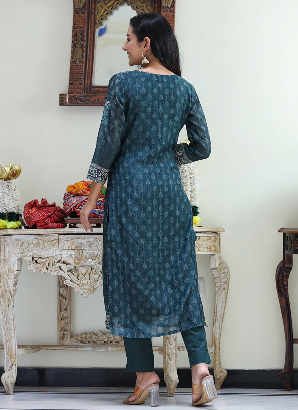 Straight Salwar Suit Chanderi Teal Print Salwar Kameez