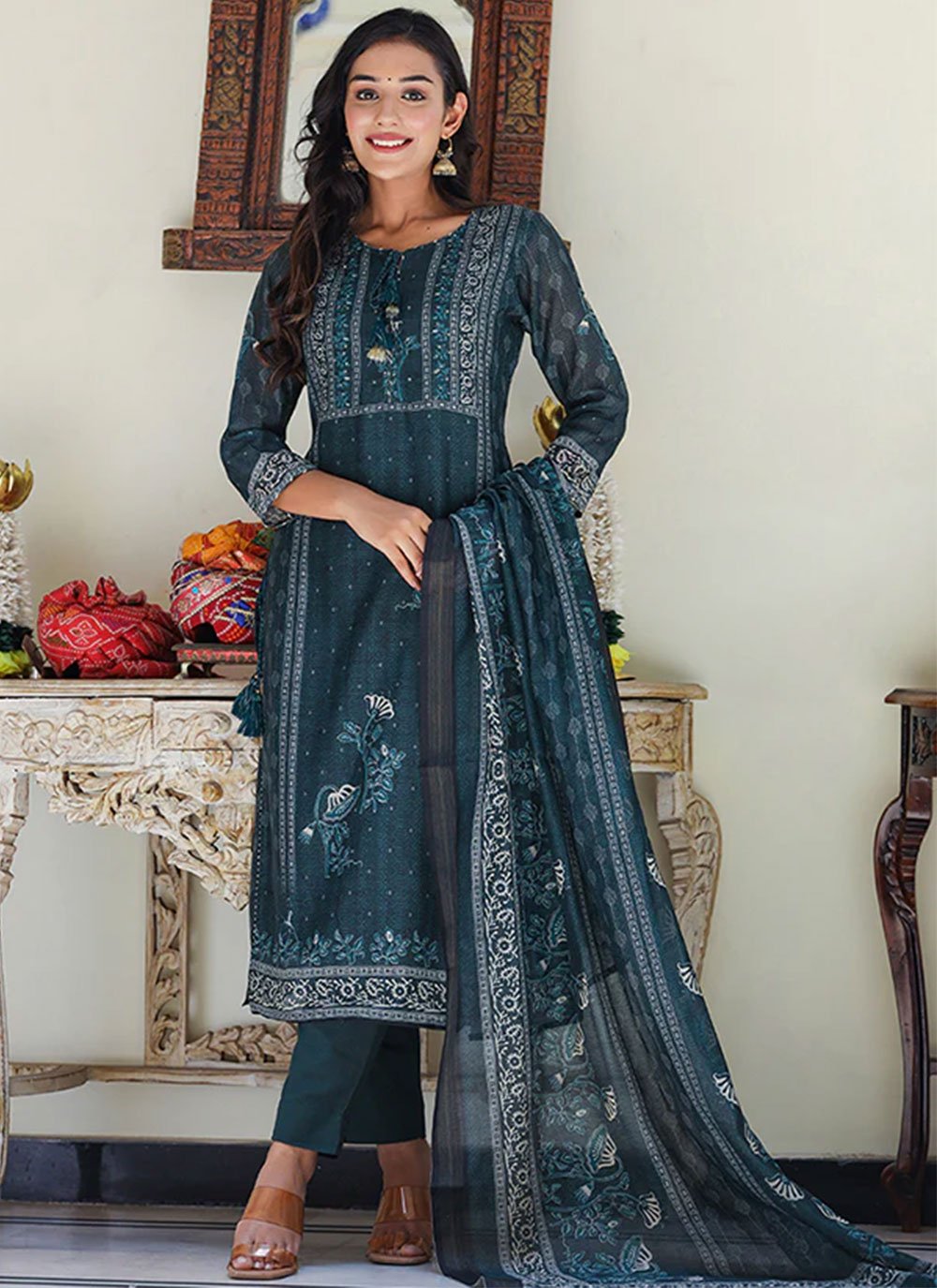 Straight Salwar Suit Chanderi Teal Print Salwar Kameez