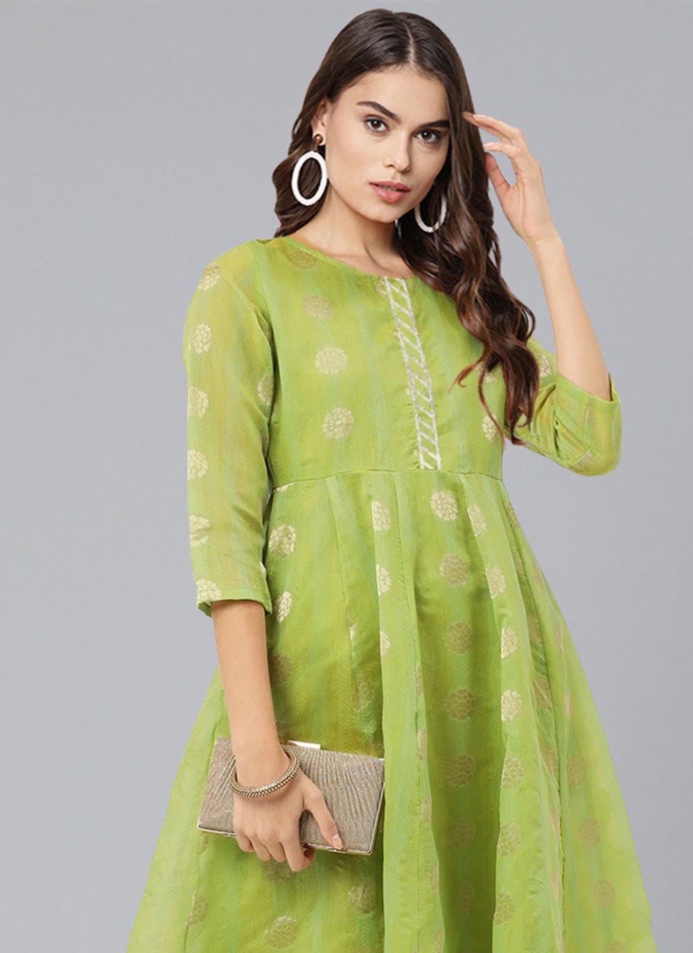 Designer Kurti Chanderi Sea Green Woven Kurtis