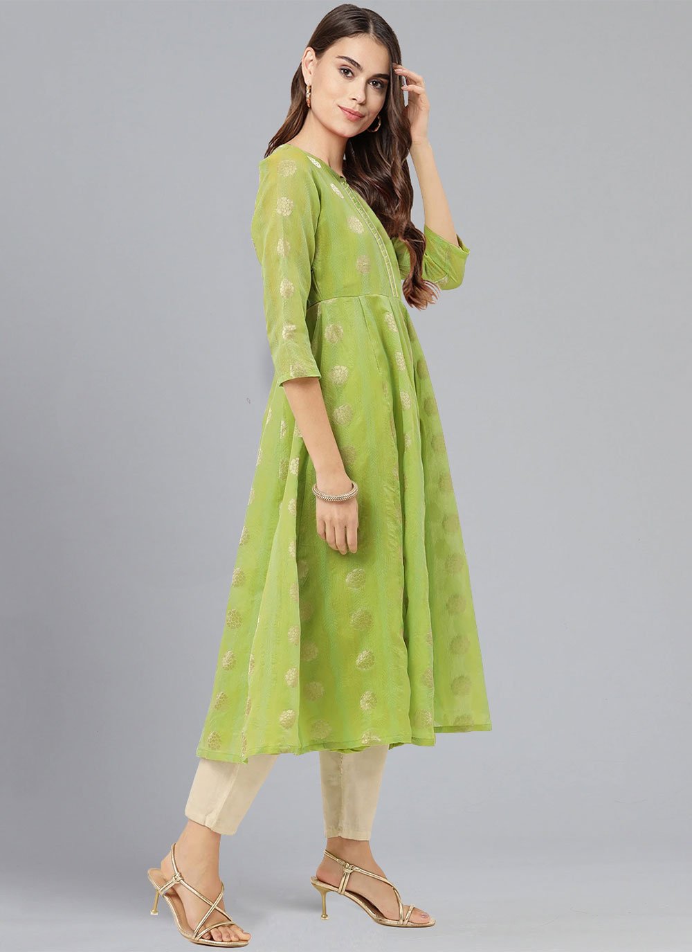 Designer Kurti Chanderi Sea Green Woven Kurtis