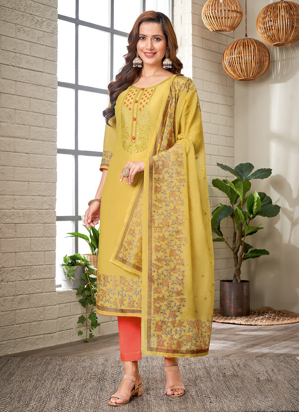 Pant Style Suit Chanderi Yellow Embroidered Salwar Kameez