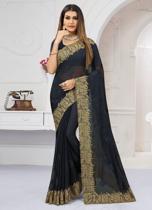 Trendy Saree Chiffon Blue Aari Work Saree