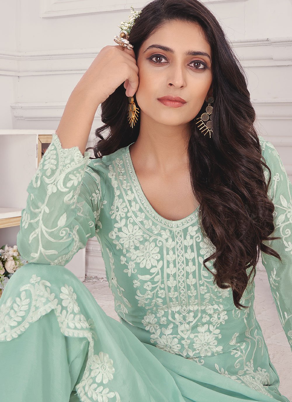 Floor Lenght Salwar Suit Chiffon Chinon Tissue Brasso Aqua Blue Embroidered Salwar Kameez