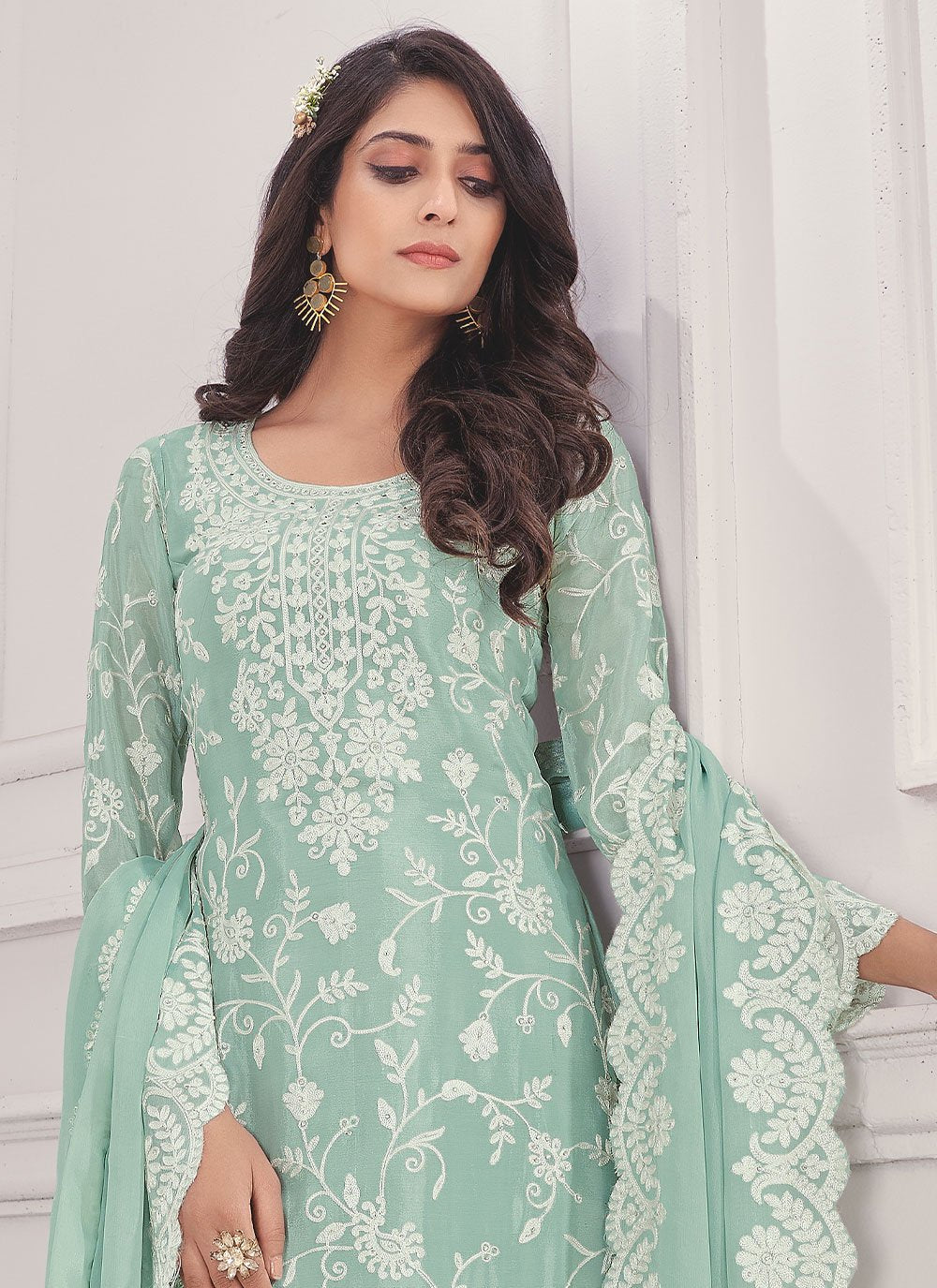 Floor Lenght Salwar Suit Chiffon Chinon Tissue Brasso Aqua Blue Embroidered Salwar Kameez