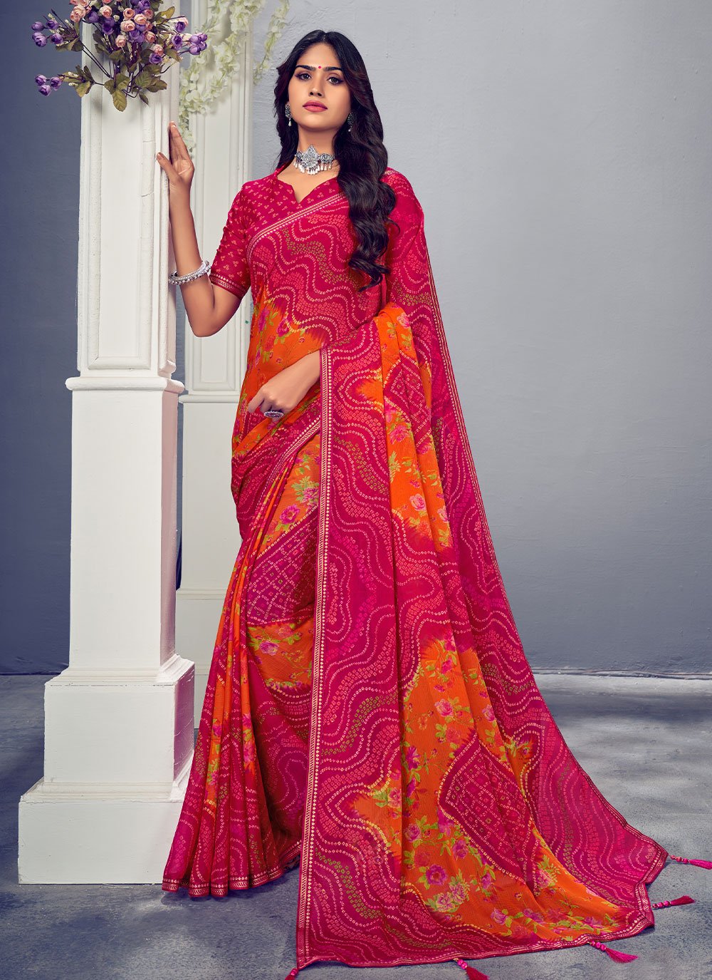 Bandhani Saree Chiffon Multi Colour Bandhej Saree